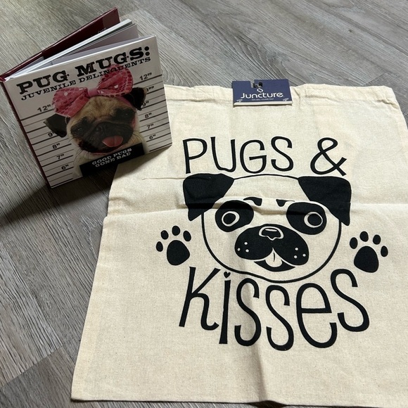 Handbags - Pugs & Kisses 100% Cotton Tote with Pug Mugs Good Pugs Gone Bad Book NEW